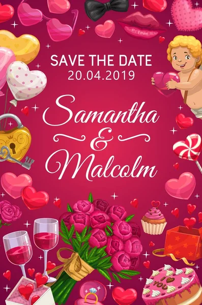 Salvar a data do casamento festa coração balão, flores —  Vetores de Stock