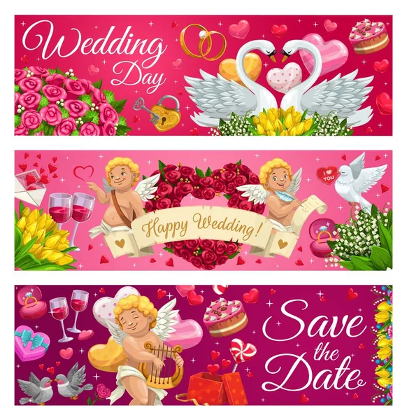 Opslaan van de datum, bruiloft dag belettering, liefde symbolen — Stockvector
