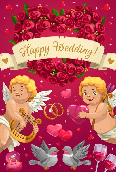 Anéis de casamento feliz festa de casamento e anjos cupido — Vetor de Stock