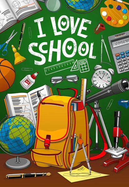 Terug naar school, student tas en groene schoolbord — Stockvector