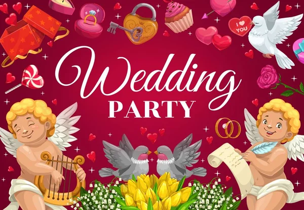 Convite de festa de casamento, corações e anjos cúpidos — Vetor de Stock