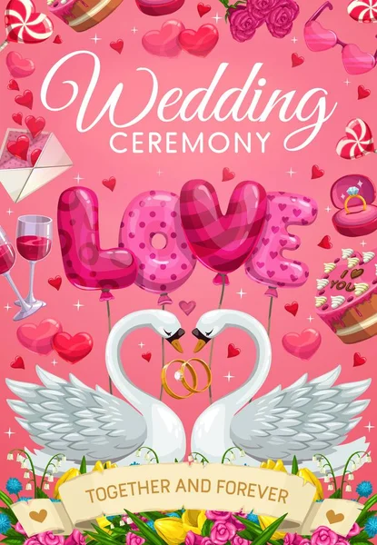 Ceremonia de matrimonio, símbolos de boda y aves cisnes — Vector de stock