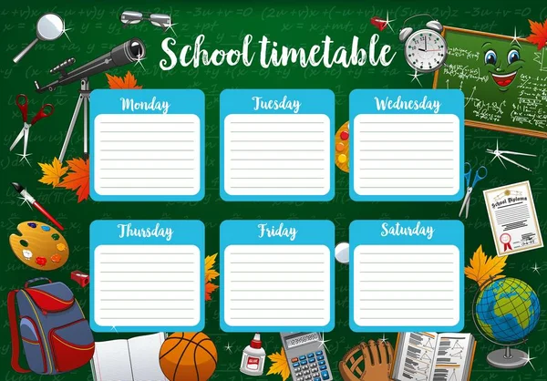 Stundenplan für die ganze Schulwoche, Tage und Schreibwaren — Stockvektor