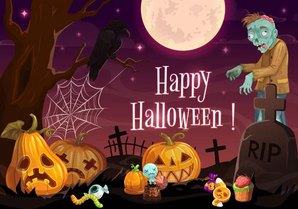 Halloween-Horror-Zombie und Kürbisse auf Friedhof — Stockvektor