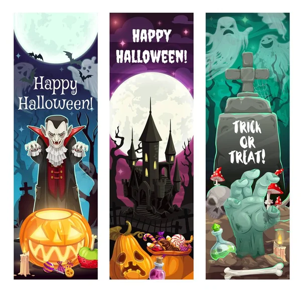 Fantasmas de horror de Halloween, vampiro, zombi, calabazas — Vector de stock