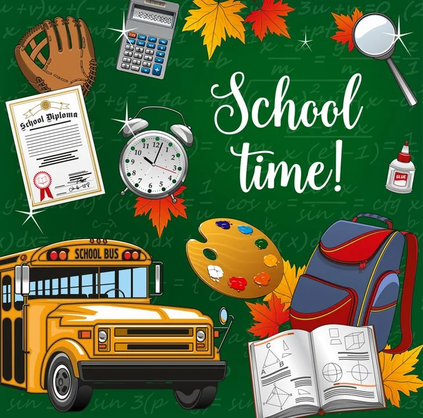 Čas na školní písmo, kancelářské potřeby, autobusy — Stockový vektor