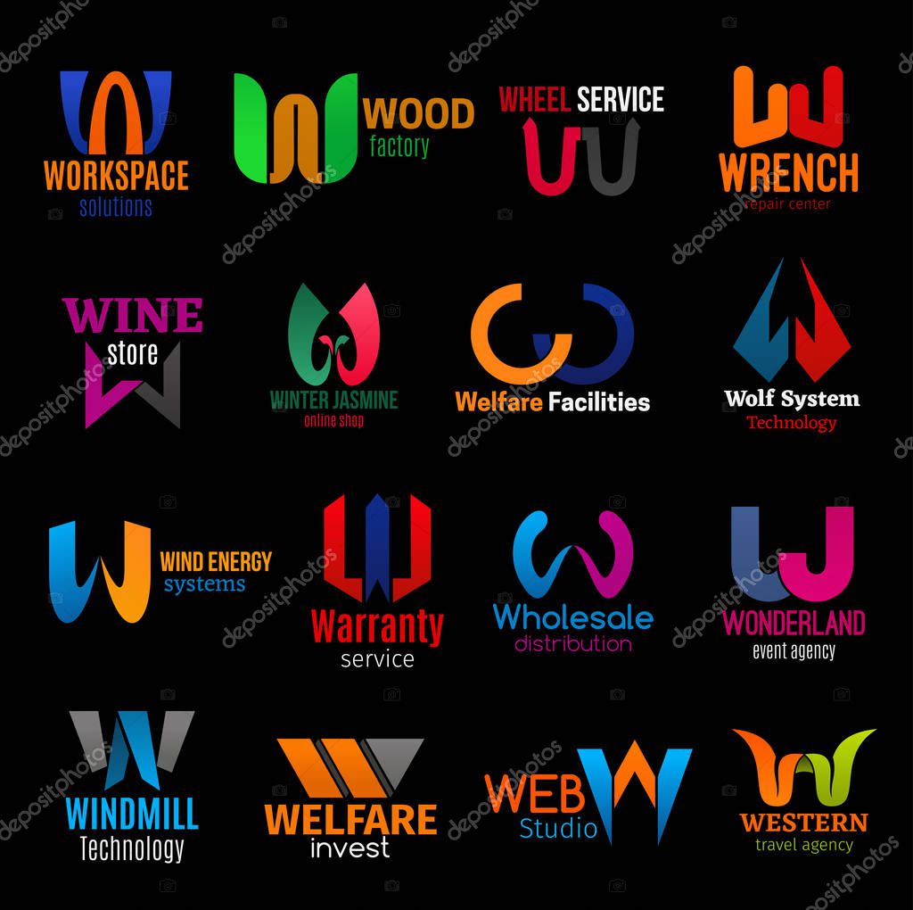 Corporate identity letter W icons of business company corporate identity. Workspace solution agency, wood factory or wine store and web design studio, travel and technology service vector W signs