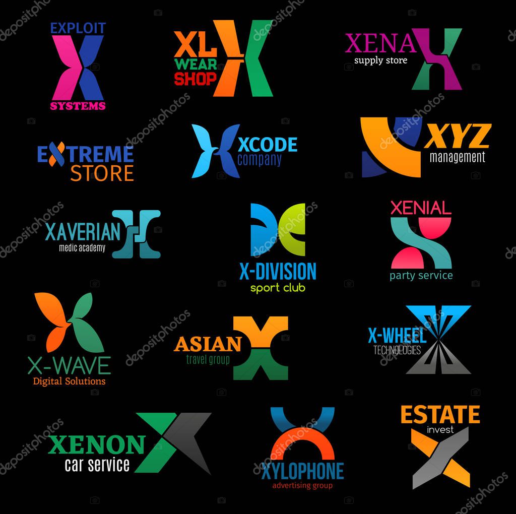 X icons and business company corporate identity letter symbols. Vector X technology, real estate invest group or car service and travel agency, digital solutions and medic academy or XL clothing shop