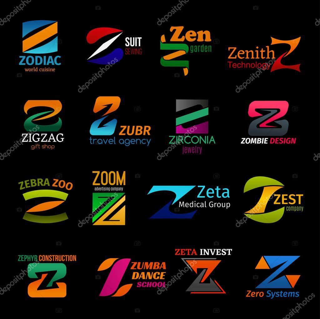 Corporate identity Z icons and business company letter symbols. Tailor shop, gift store or medical group and technology system, zumba sport dance school or construction industry and travel agency