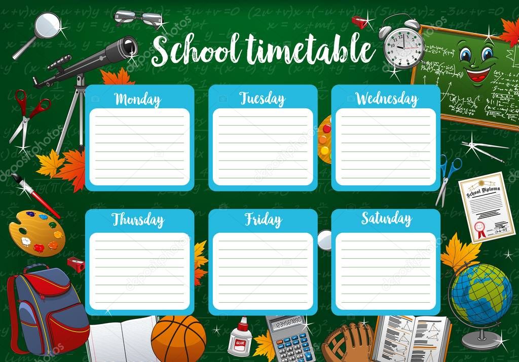 Schedule on whole school week, days and stationery