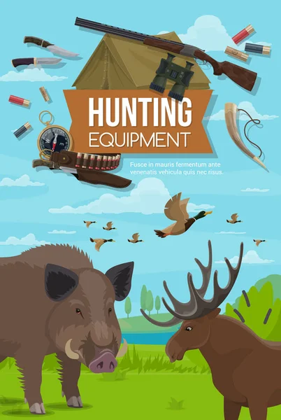 Vadászidény állatok, lőszer vadász berendezések — Stock Vector