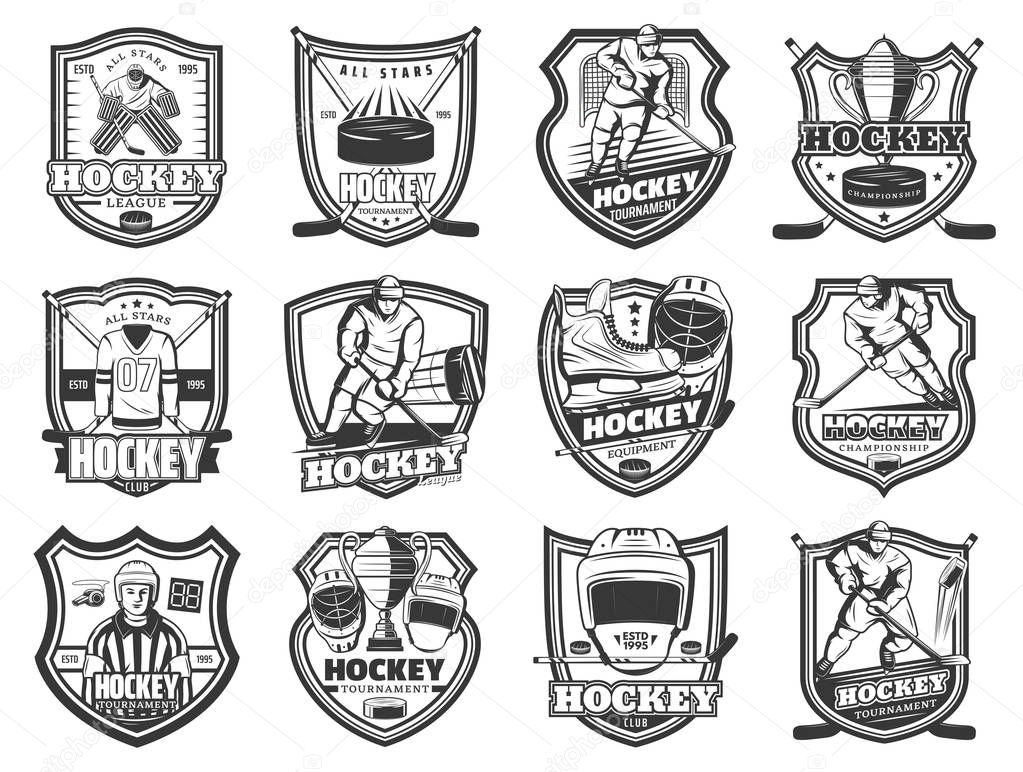 Ice hockey championship match icons, winter sport game cup tournament and league club badges. Vector emblems with ice hockey player in helmet with hockey stick and puck, skates and referee whistle