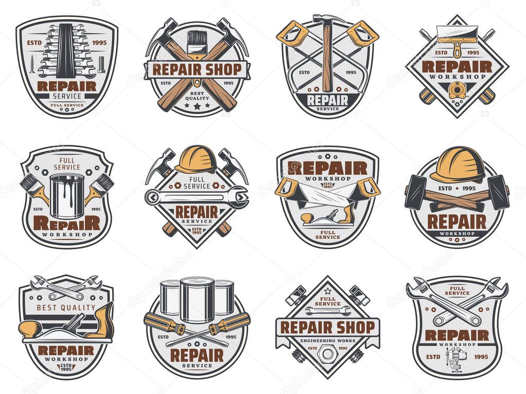 Construction workshop and handyman repair service shop icons. Vector hand tools, woodwork saw and plane with plastering spatula and painting brush, screwdriver and wrench with bolts and screws