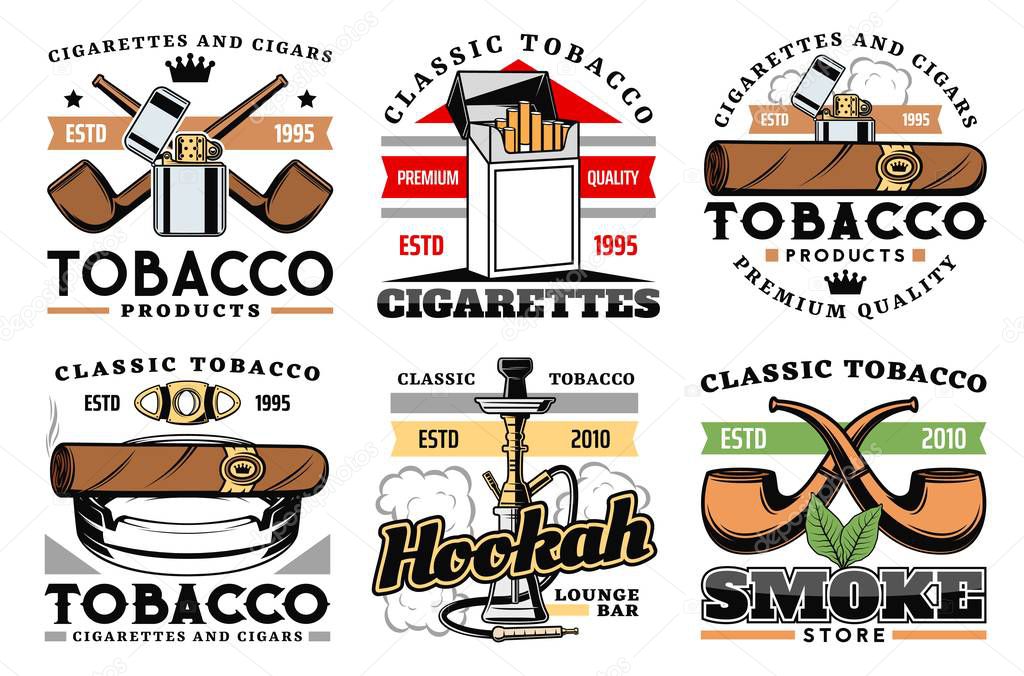 Cigars, cigarettes and premium quality tobacco factory or company labels. Vector icons of smoking pipes store, hookah and shisha lounge bar sign, vintage cigar cutter and lighter with ashtray