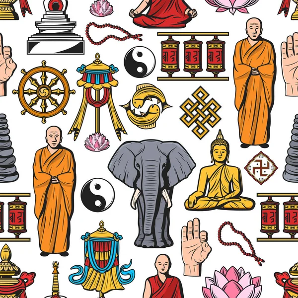 Buddhism religion symboler sömlösa mönster — Stock vektor