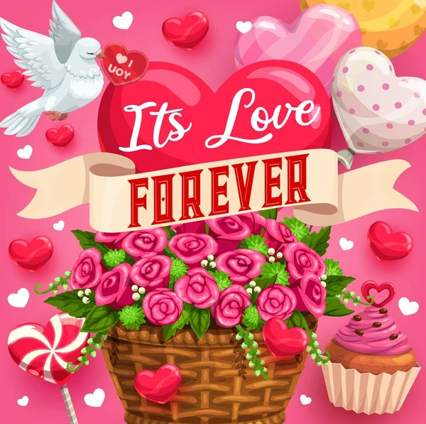 Örök szerelem, kivéve a dátum desszertek és virágok — Stock Vector