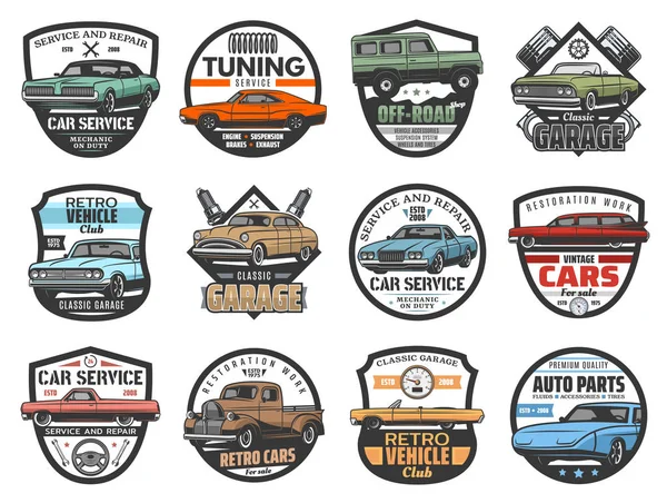Araba tamir servisi, vintage otomobil kulübü — Stok Vektör