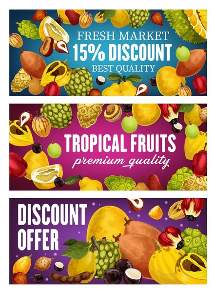 Frutas exóticas, mercado agrícola tropical oferta promocional — Vetor de Stock