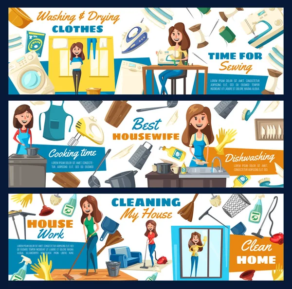 Limpeza da casa, lavanderia e serviço de costura —  Vetores de Stock