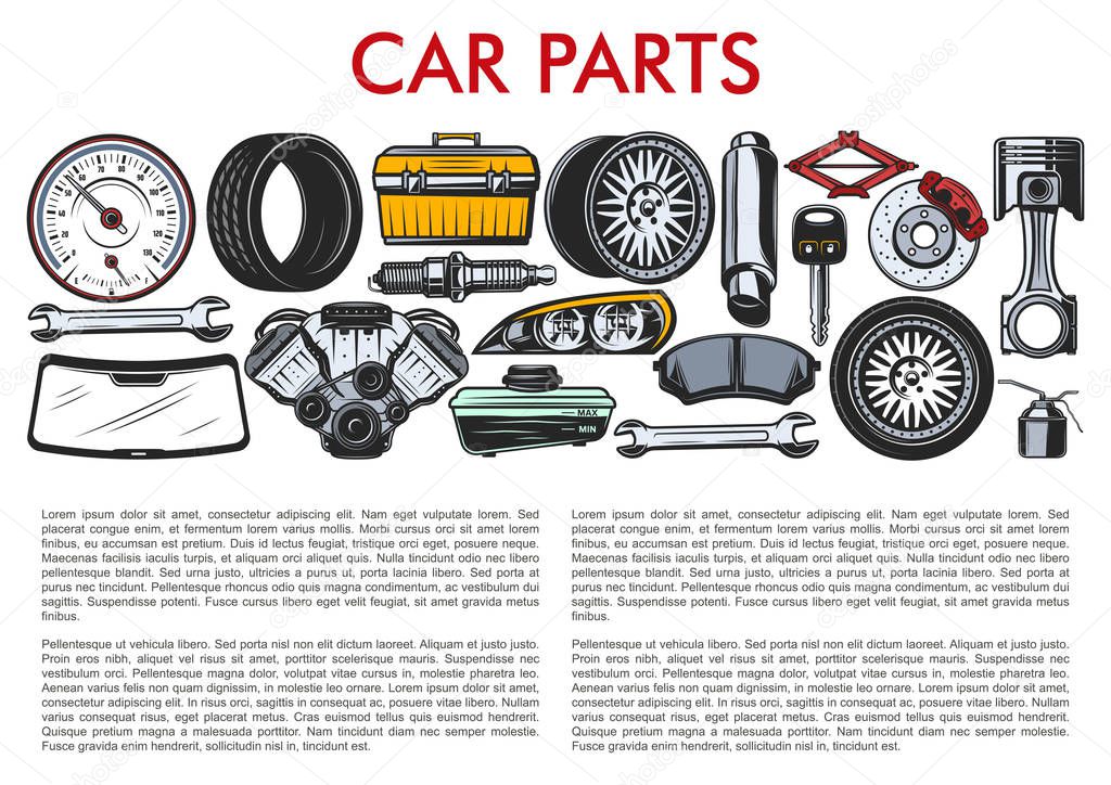 Car parts and automobile service mechanic tools