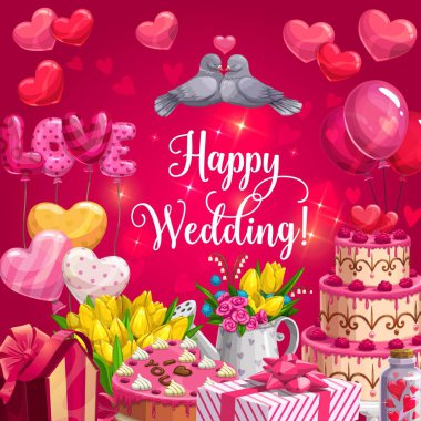 Happy wedding, heart cake, balloons and flowers