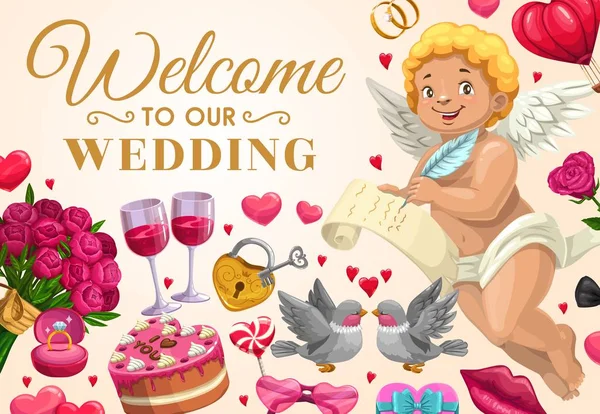 Esküvői meghívó, angyal szeretettel üzenettel — Stock Vector