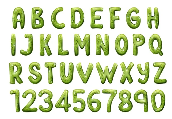 Kiwi-Schrift aus tropischen Früchten, Buchstaben und Zahlen — Stockvektor