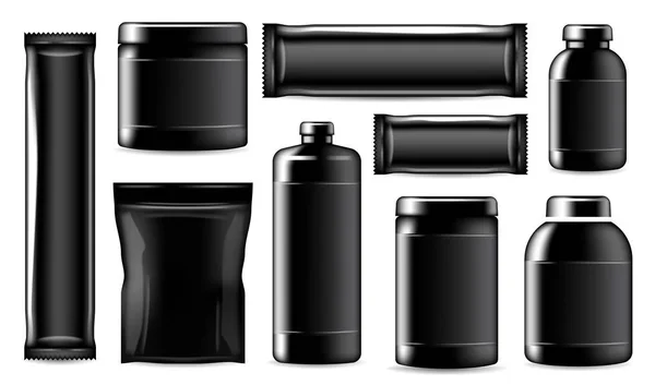 Realistische sportvoeding zwart containers pakket — Stockvector