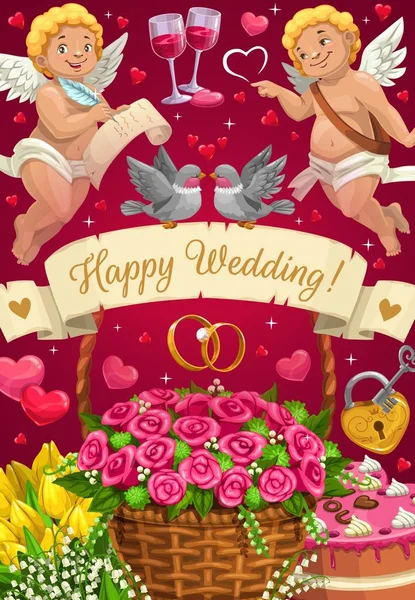 Festa do dia do casamento, cupidos, anéis, buquês de flores — Vetor de Stock