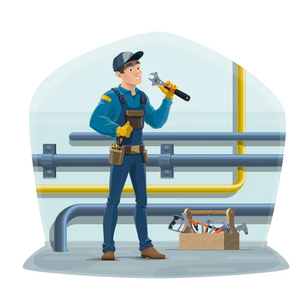 Plumber worker, water pipes plumbing service — Stock Vector