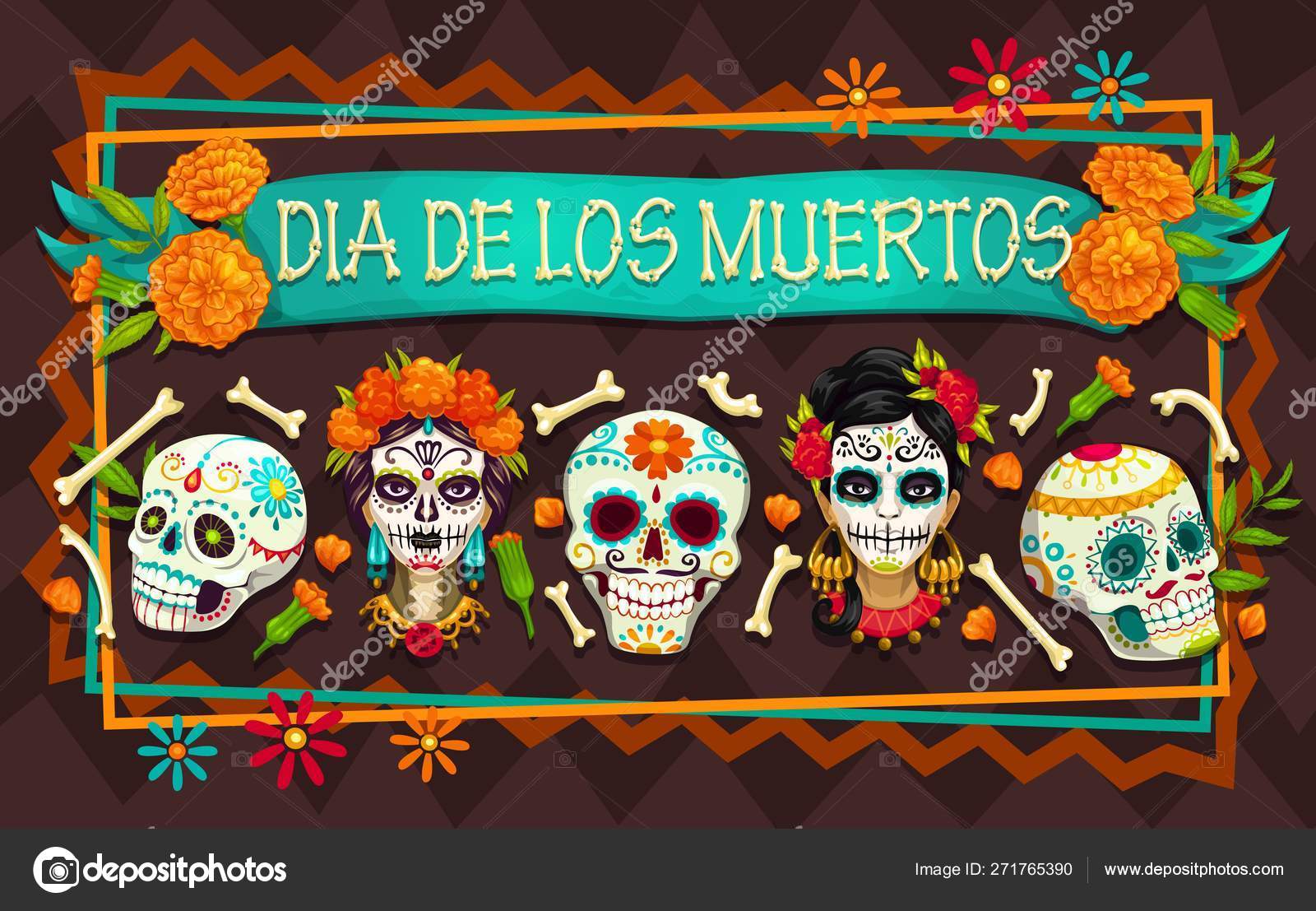 죽은 멕시코 휴일 두개골, 해골의 날 스톡 벡터 - ©Seamartini 271765390, image size:1600x1107