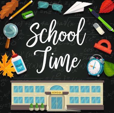 Okula geri dön, tebeşir tahtası ve çalışma öğeleri