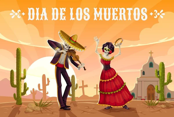 Skeletten dansen op begraafplaats. Mexicaanse dag van de dood — Stockvector