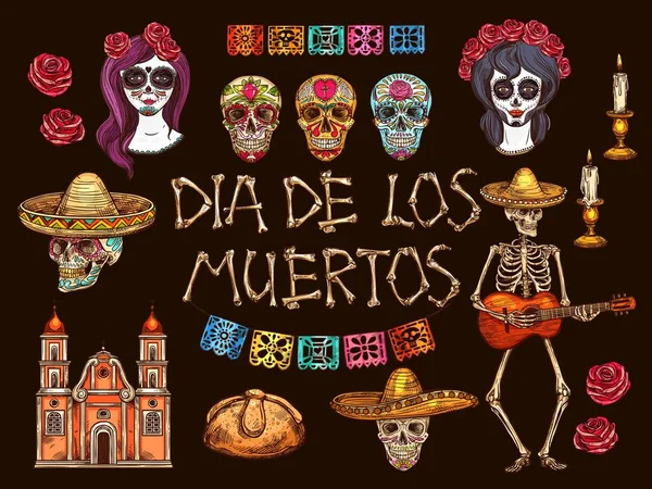 死んだ頭蓋骨と骨格のシンボルのメキシコの日 — ストックベクタ