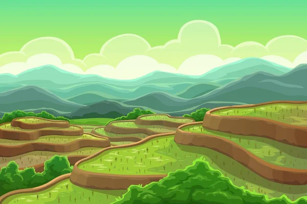 Campos de arroz plantação, paisagem de montanha em cascata — Vetor de Stock