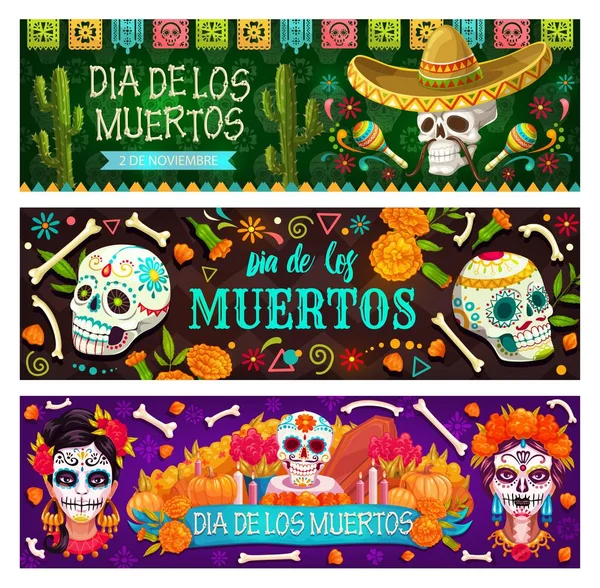Dia de los Muertos feriado mexicano crânio e ossos —  Vetores de Stock