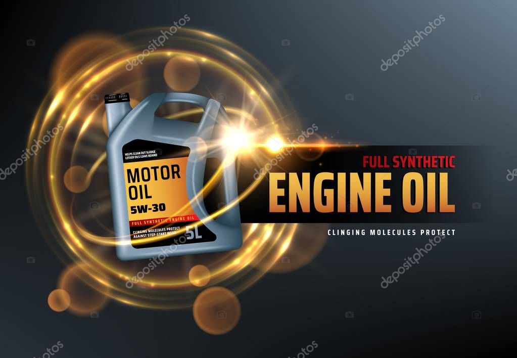 Canister of engine motor oil, full synthetic clinging molecules protection. Vector vehicle engine lubricant oil change logo with blurred golden bubbles. Promotion and advertisement of car oils