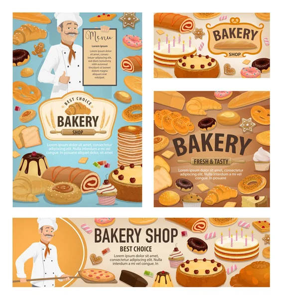 Baker bakning bröd, bageri butik dessert kakor — Stock vektor