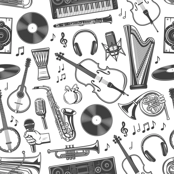 Patrón inconsútil de la música, instrumentos de banda musical — Archivo Imágenes Vectoriales