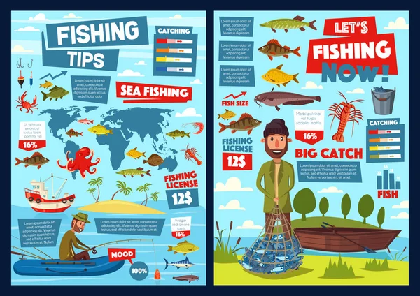Equipamentos de pesca e captura de peixe infográfico — Vetor de Stock