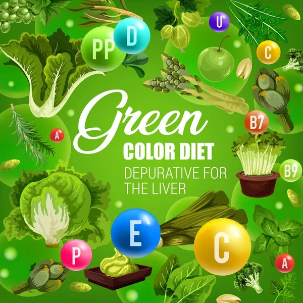 Zelené barevné jídlo, zdravá zelenina detoxikační strava — Stockový vektor