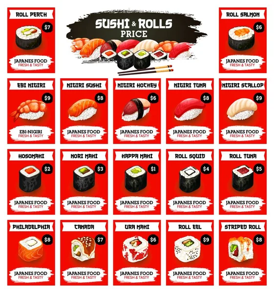 Bar de sushi asiático, menu de pãezinhos de frutos do mar japoneses —  Vetores de Stock