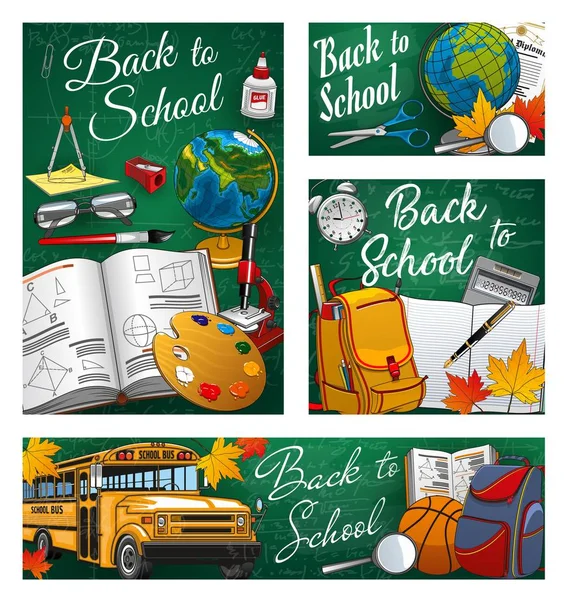 Zurück zur Schule, Bus und Schreibwarenbedarf — Stockvektor