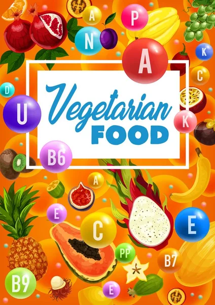 Frutas vegetarianas, vitaminas de frutas tropicales — Vector de stock