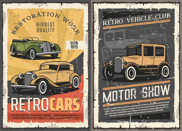 Retro coches garaje de restauración, espectáculo de motor vintage — Vector de stock