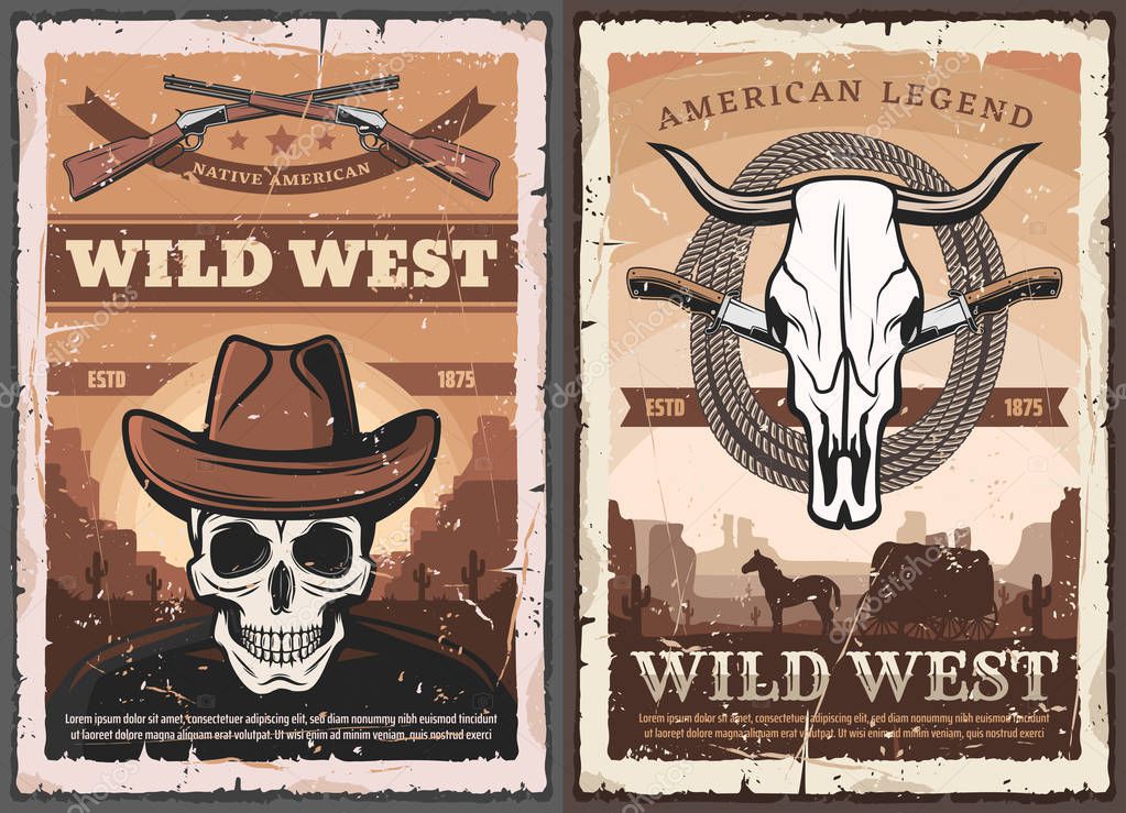 Teschio Wild West in cappello da cowboy, Americano Occidentale - Vettoriale  Stock di ©Seamartini 274441536