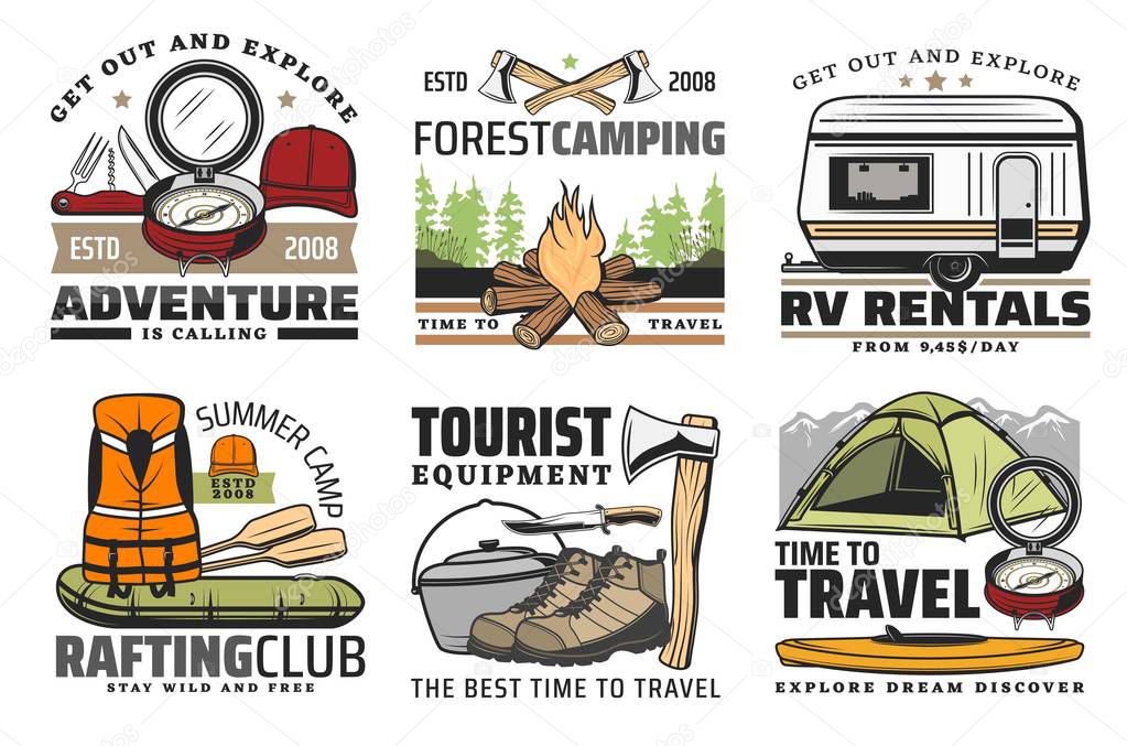 Rafting, forest camping and hiking travel icons