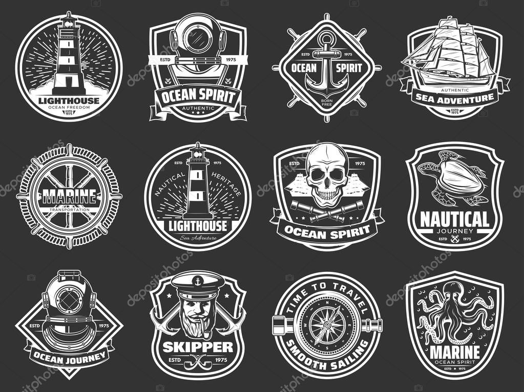 Nautical symbols and marine adventure icons. Vector ocean spirit heraldic signs of lighthouse, ship anchor and frigate helm, navigation compass and captain sailor skull, aqualung and turtle