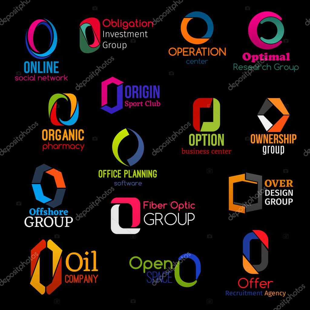 O icons, corporate identity letter signs and business company symbols. Vector O, social network app or commercial investment group and organic pharmacy, design studio or recruitment agency