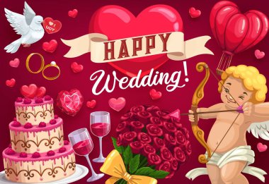 Tarih, düğün günü sembolü kaydedin. Cupid ve kek